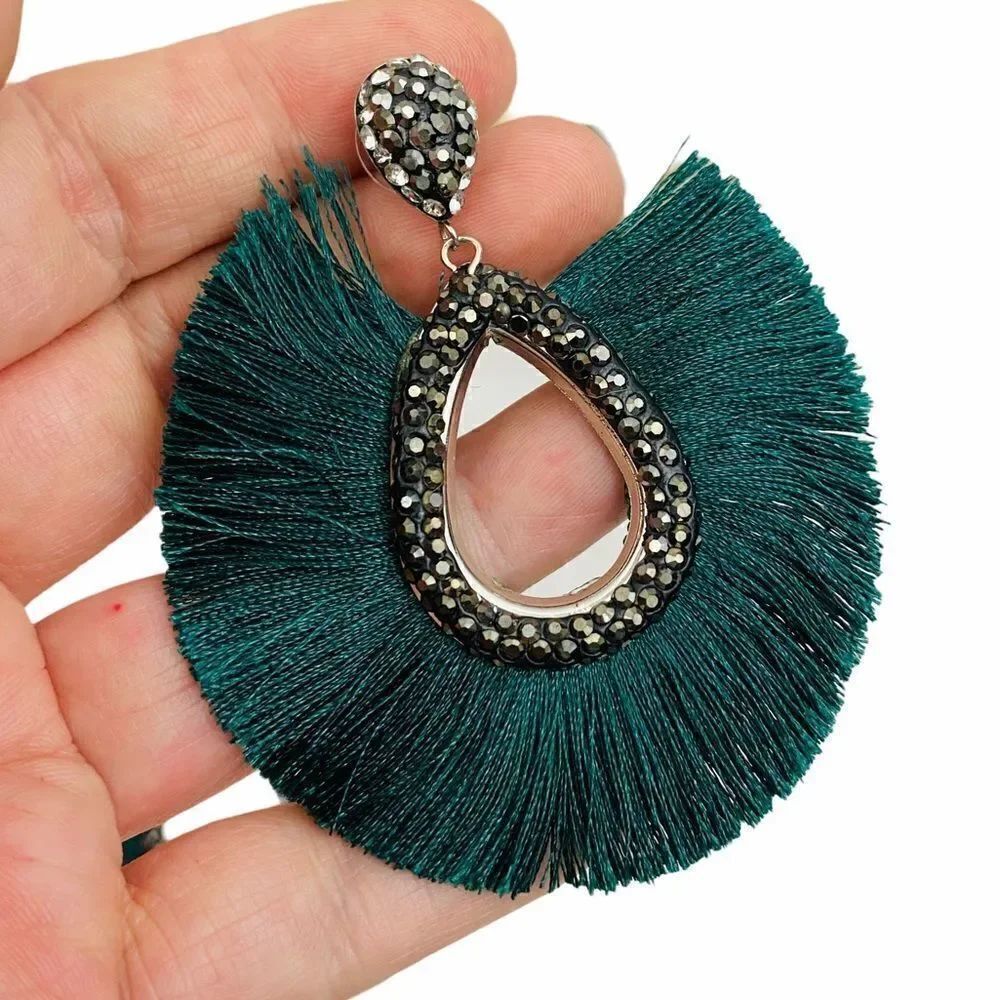 Caviar stoned earrings with fanned out fringe